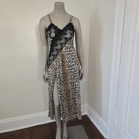Frederick's Of Hollywood Size M Vintage Leopard Slip Dress Gown Sheer w/ Slit - Picture 1 of 16